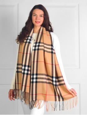 Cashmere Feeling Plaid Patterned Scarf W/ Tassels